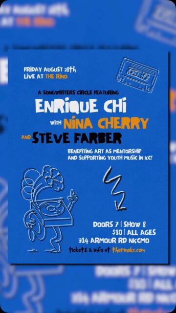 Join us TONIGHT for an evening diving into the songwriting process with @enriquejavierchi @ninacherryandthepits @stevefarbermusic 

Tickets benefit Art as Mentorship’s youth music programs, which are free to all. Show begins at 8pm @therinokc 

FEATURED PERFORMERS:
🦋 @enriquejavierchi - Executive/Artistic Director of Art as Mentorship; lead singer, @mkngmvs 
🍒 @ninacherryandthepits - Local singer/songwriter, instructor at @bamkansascity, Art as Mentorship Mentor
🎙️ @stevefarbermusic - Local singer/songwriter, motivational speaker, Art as Mentorship Board Member